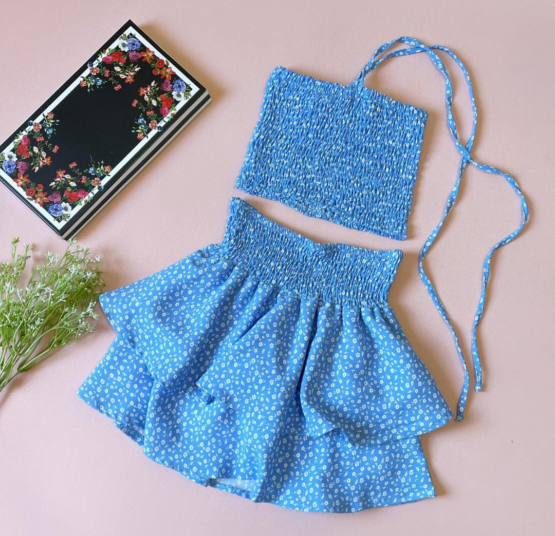 conjunto estampa saia e croped juvenil